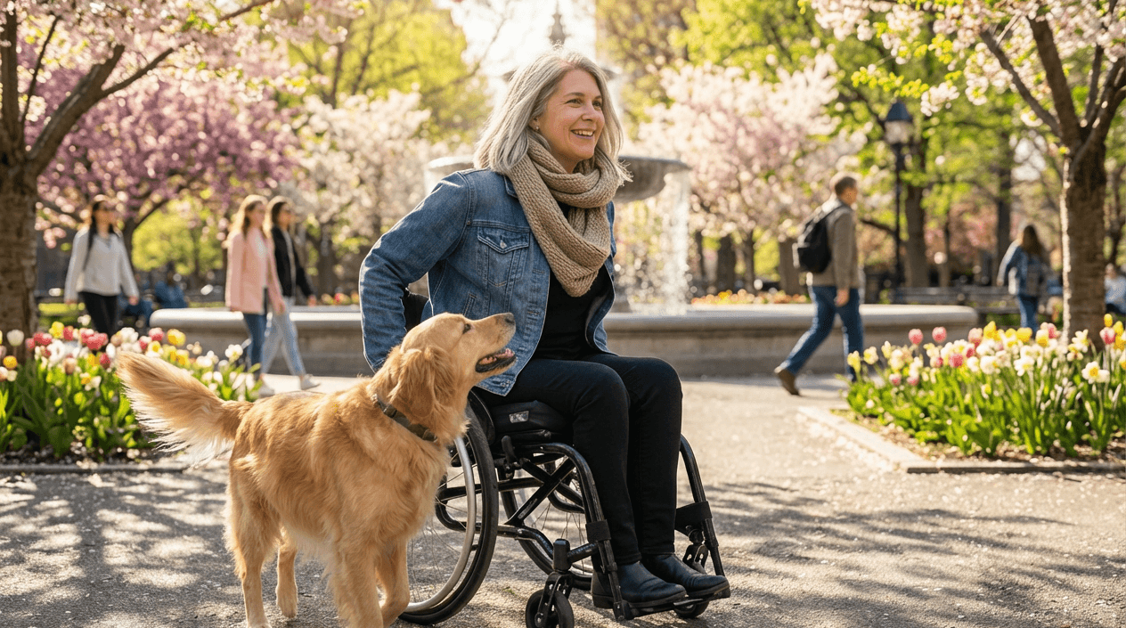 background image of a woman in a wheelchair